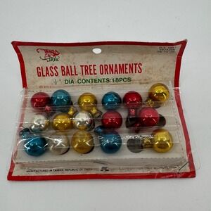 Vtg Trim A Tree Mini Glass Balls Tree Ornaments SET 16 Pc 15 mm Christmas Retro